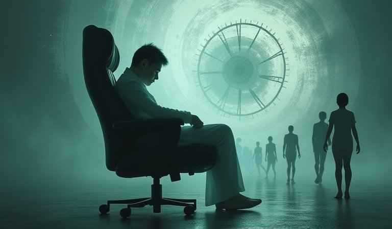 上班族在辦公桌旁起身伸展，藉此中斷長時間久坐。