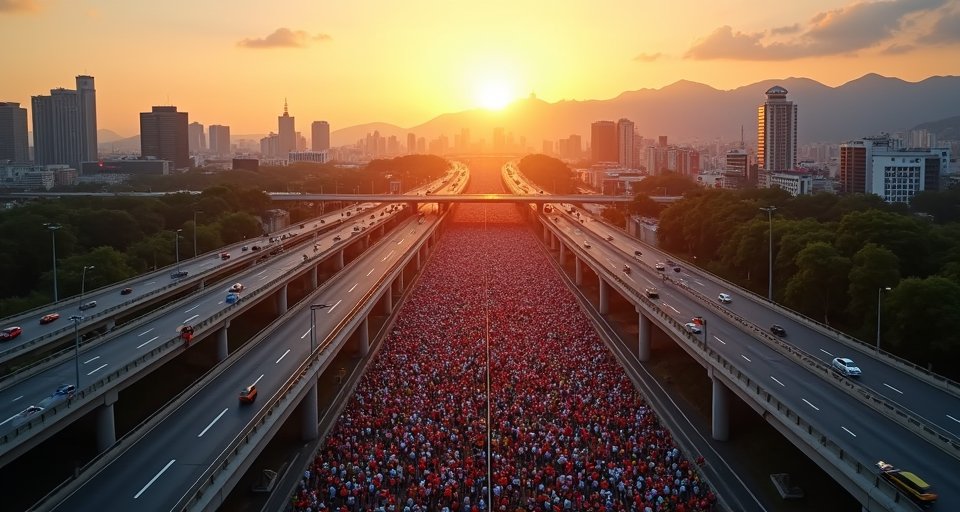 跑者在封閉國道上進行接力交棒，呈現熱血的團隊精神。