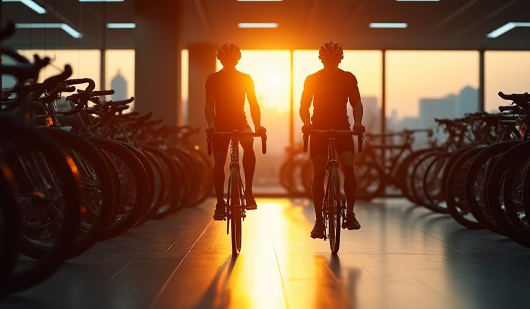 公路自行車特寫與背景呈現逆勢上揚的紅盤股價走勢圖
