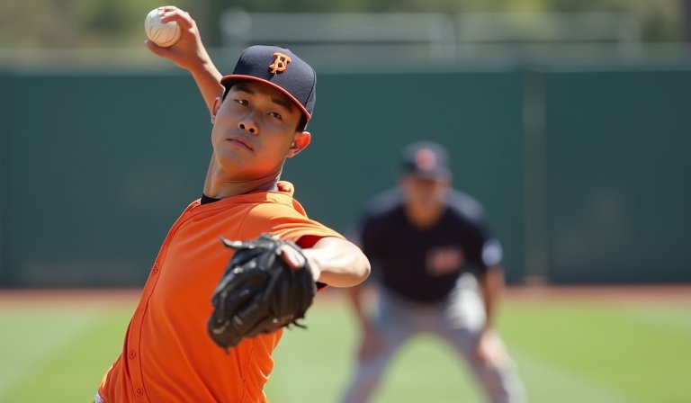 鄧愷威於春訓球場投手丘專注投球，展現先發投手氣勢。