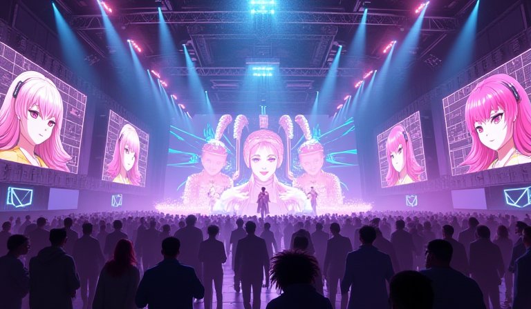 虛擬展館中掛滿hololive成員海報的繽紛走廊空間。