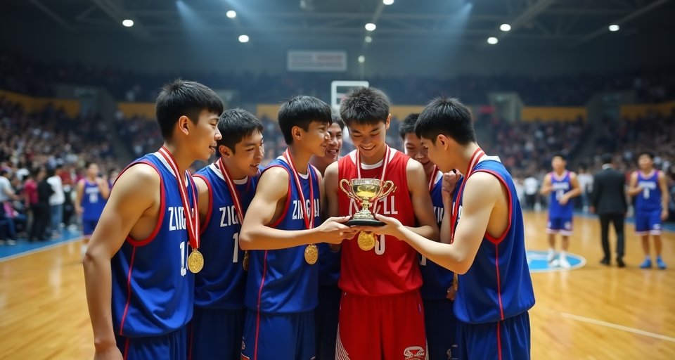 梓官盃籃球賽中，青少年球員在場上奮力運球切入進攻。