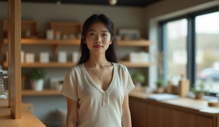 一名年輕創業家在明亮的現代化商場店面整理商品。