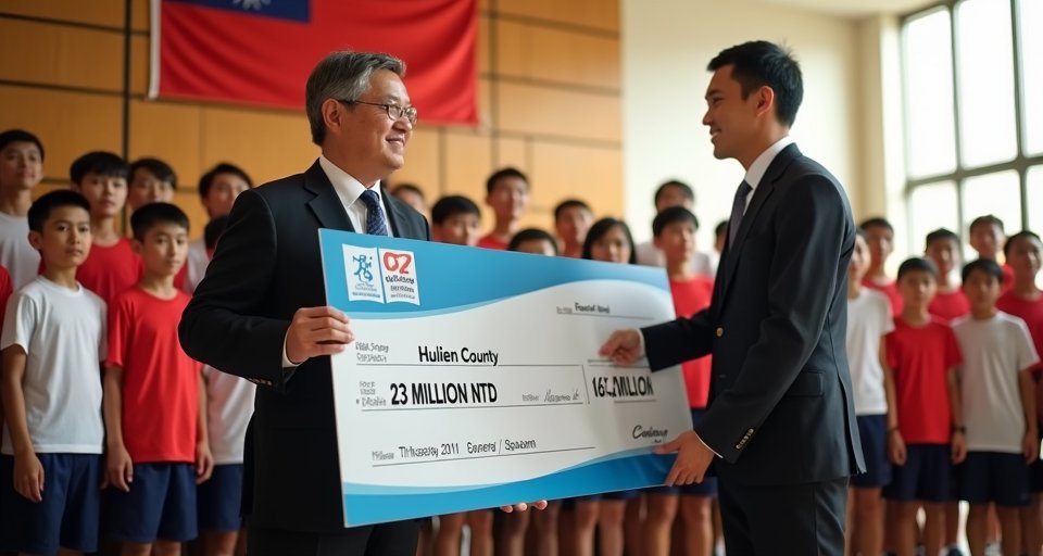 徐榛蔚縣長親自頒發補助金，與青少年選手握手致意。