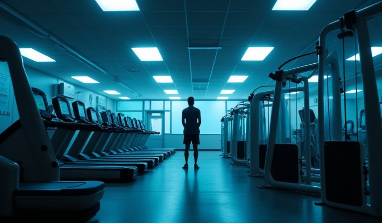 健身房內故障待修的運動器材，呈現設施安全與維護隱憂。