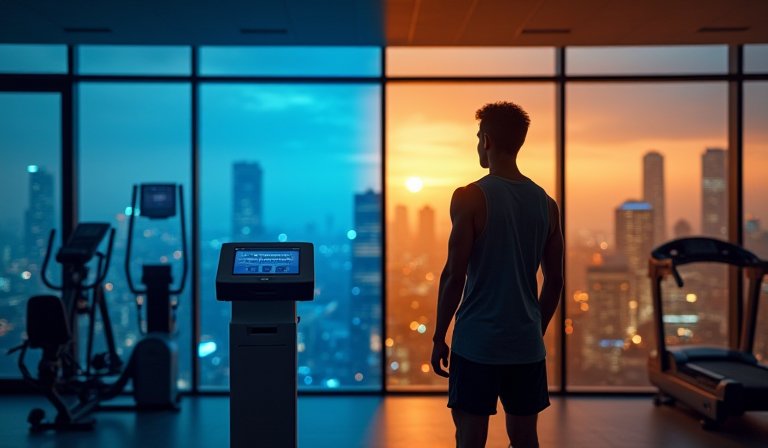 民眾在燈火通明的24小時健身房內操作各式重訓器材。