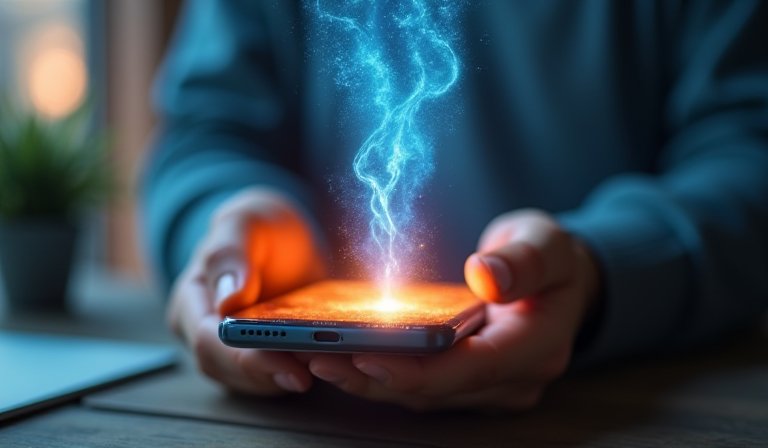 用戶握持機身因過熱發燙而呈現紅光的 iPhone。