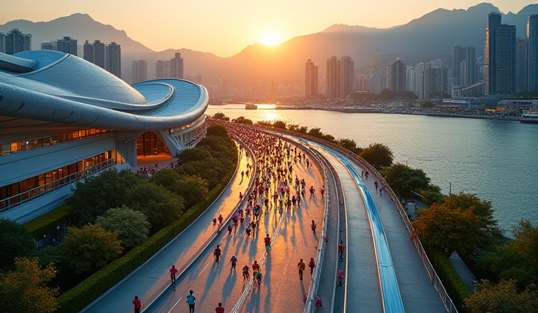 數千名跑者在啟德主場館與維港天際線背景下奮力奔跑。