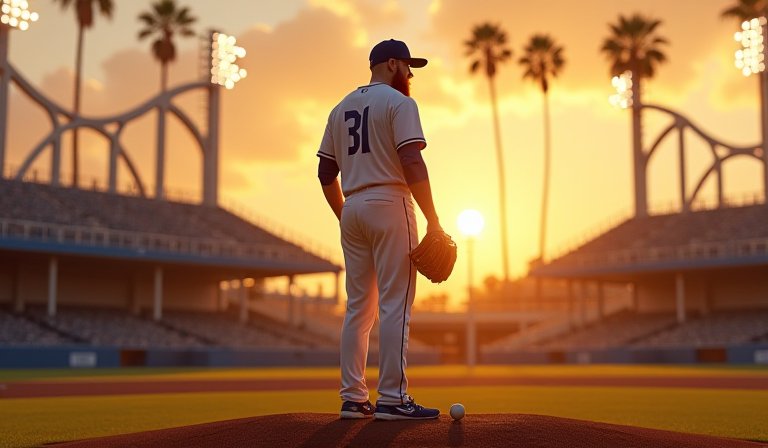 克蕭穿著深藍色西裝，在道奇球場看台前展現轉職自信。