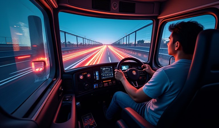 貨車座艙改裝，副駕空間配置專業賽車方向盤與螢幕。