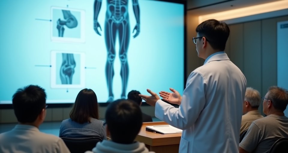 醫師向年長民眾解說關節保養與代謝疾病的預防要點。