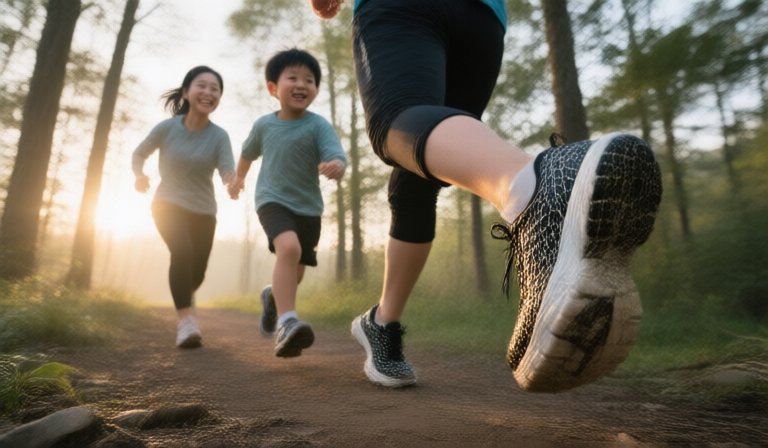 穿著母子鱷魚寬楦運動鞋在城市街道上輕快行走。