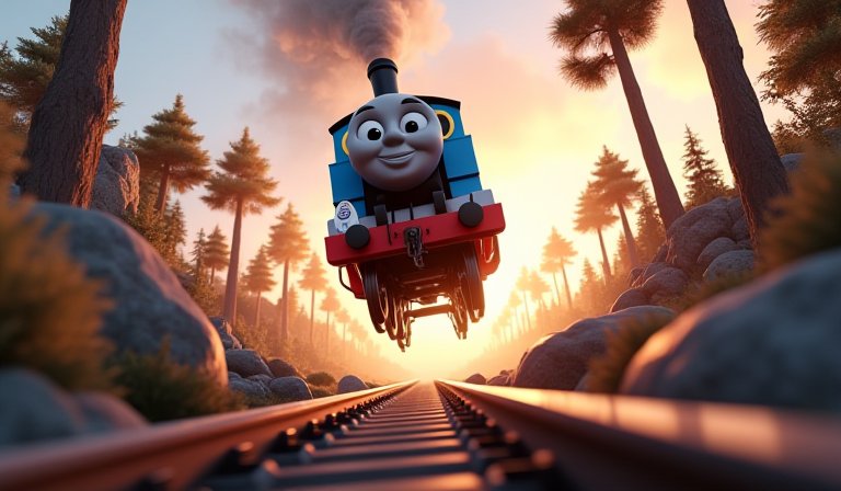 湯瑪士小火車脫離軌道衝向天空，表情困惑且冒著白煙