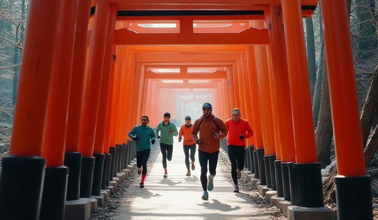 眾多跑者穿過京都伏見稻荷大社壯觀的紅色千本鳥居。