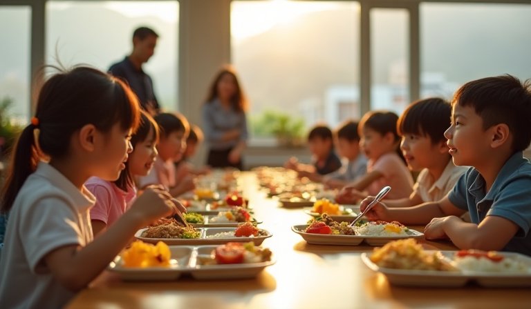 幾位穿著制服的學生在校園內開心地享用營養午餐。