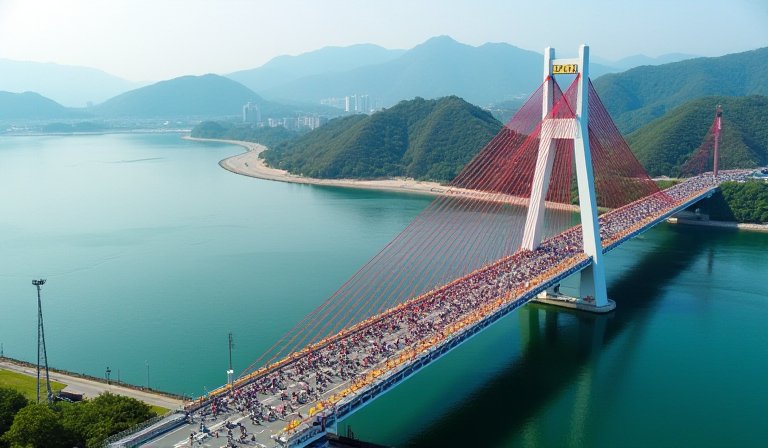 跑者於淡江大橋斜張橋面奔跑，飽覽淡水河口壯麗美景