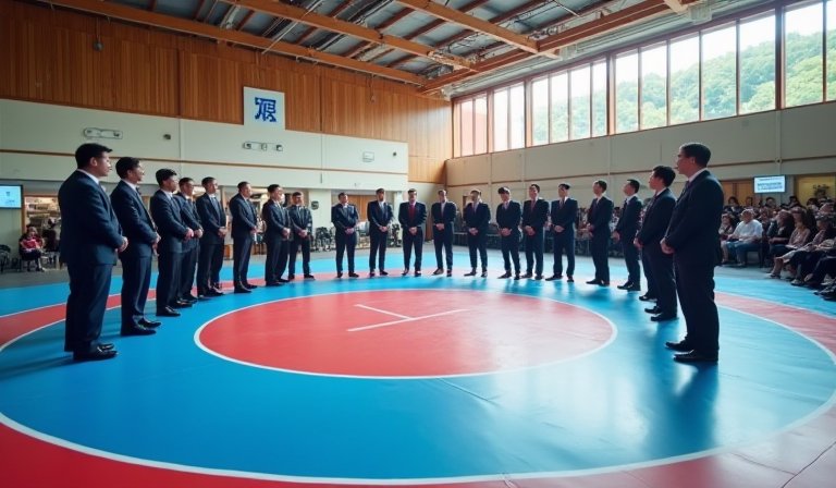 名古屋稻永體育中心，內部設置專業亞運角力比賽場地。