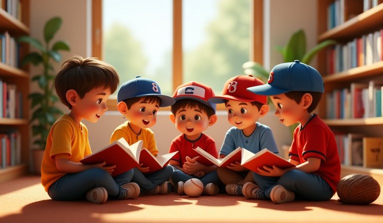 吉安國中棒球隊員穿著球衣在閱覽室內專注閱讀書籍。