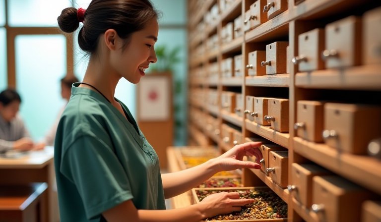 中醫診所內的專業護理師正專注地為民眾服務。