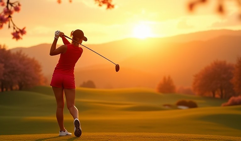 鴻海女子高球賽選手於綠地專注揮桿，力拚冠軍榮耀。