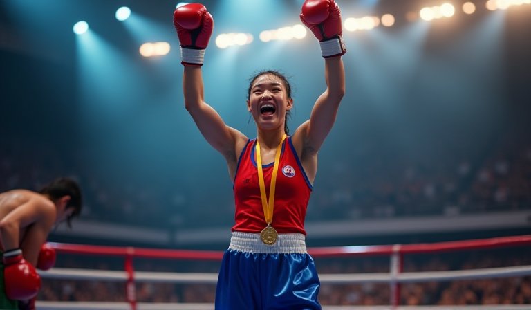 陳念琴於拳擊亞錦賽擂台奮力揮拳，成功逆轉奪金。