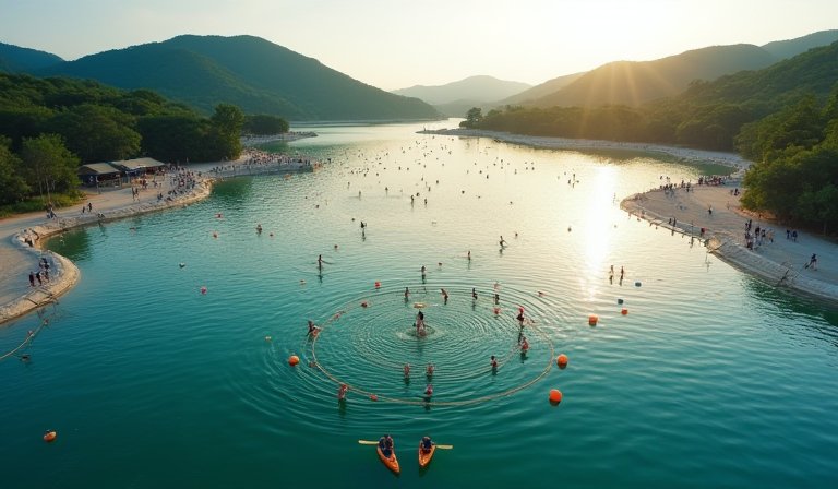 民眾穿戴救生衣與浮具在台東活水湖安全戲水。