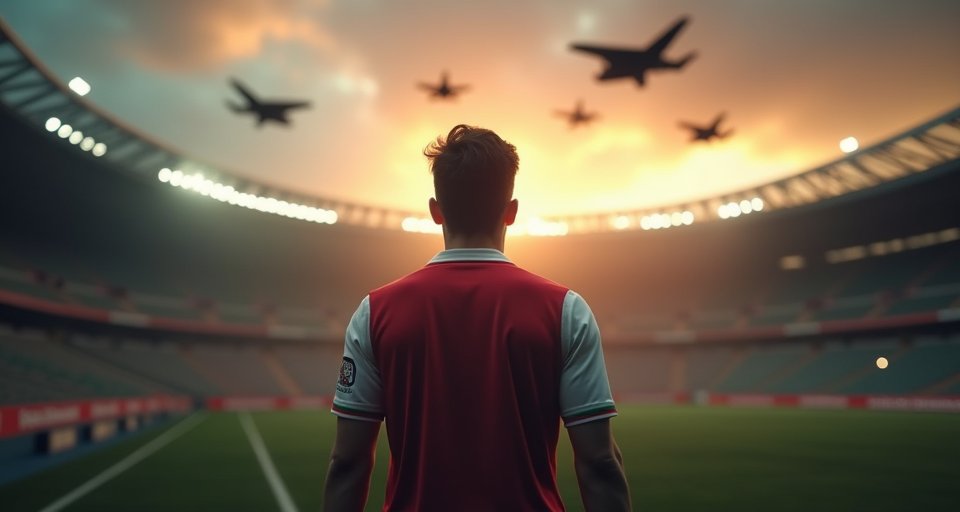 身穿伊朗球衣的球員在煙硝背景下注視遠方的世界盃場館。