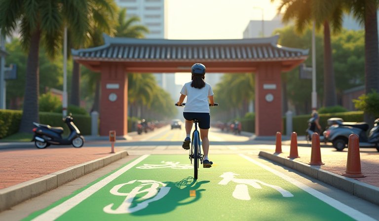 高雄女中學生騎單車行經五福路，穿梭於繁忙車流中。