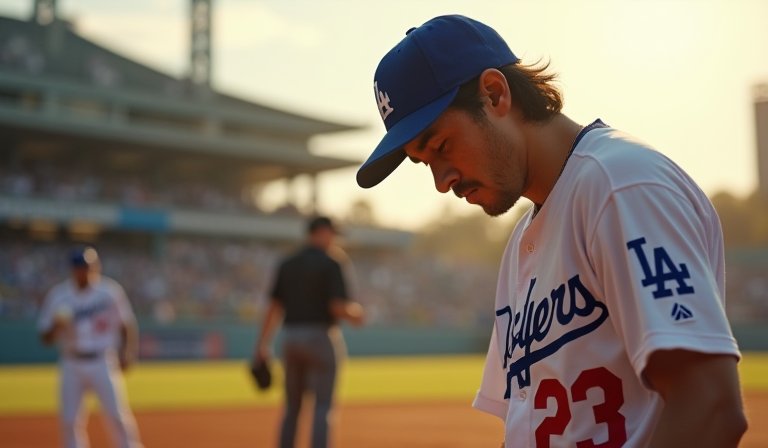 大谷翔平在二三壘間陷入夾殺，造成道奇隊跑壘失誤。