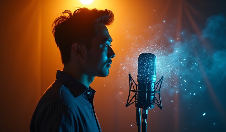 專業配音員在錄音室，戴著耳機對準麥克風錄製遊戲台詞。