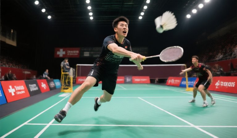 台灣羽球好手王柏崴在瑞士公開賽中奮力揮拍擊球。