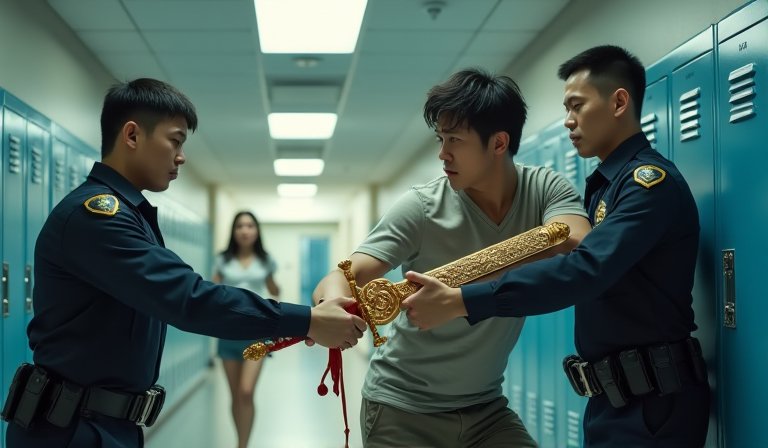 員警在校園籃球場迅速制伏持神明寶劍的鬧事男子。