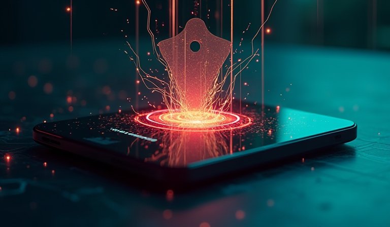 手持正在進行 iOS 系統更新的 iPhone 與數位安全鎖頭