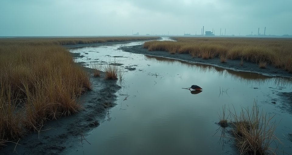 沾染黑色油污的招潮蟹在貝澳濕地泥灘上緩慢爬行。