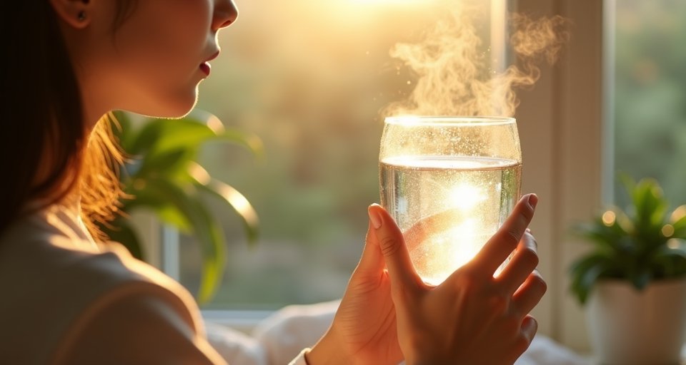 晨光灑在清澈的玻璃水杯，展現早起補水促進腸道蠕動。