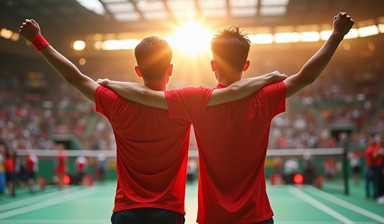 李芳任與李芳至在瑞士羽球公開賽男雙奪冠後振臂歡呼