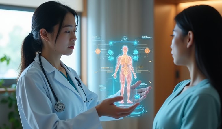 醫師運用AI分析腦部影像數據，進行精準的臨床健康評估。