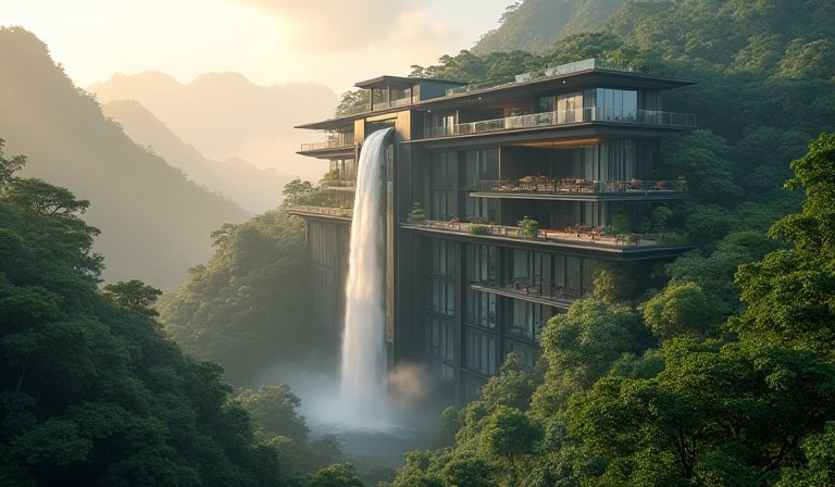 陶朱隱園庭院十米高瀑布造景，池中養殖名貴日本錦鯉。
