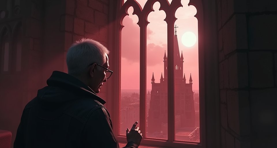 亞南城歌德式建築下，一名披著鬥篷的獵人凝視遠方。