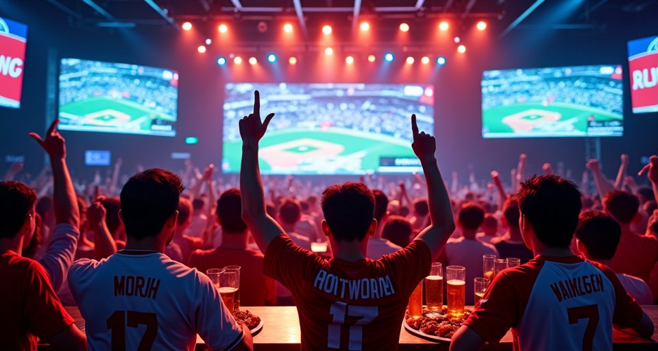 球迷在運動酒吧看著螢幕轉播，舉杯為經典賽熱血應援。
