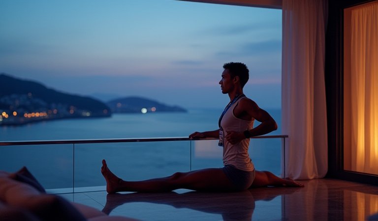 跑者手持挑戰自我標語，在飯店馬拉松打卡牆前拍照。