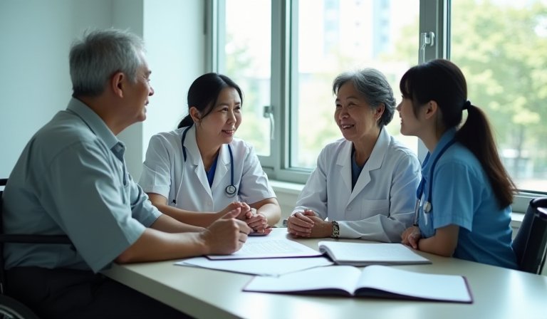 醫護人員與長者及其家屬進行預立醫療照護諮商。