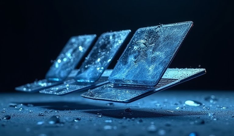 陳列架上的多款筆記型電腦，反映全球市場需求降溫。