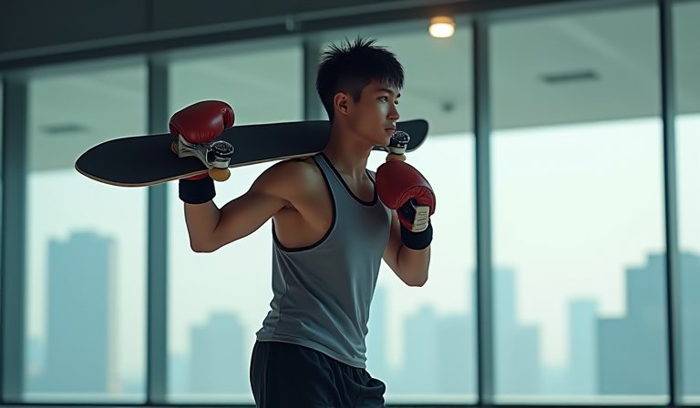 許光漢身穿簡約運動服手持滑板，展現對極限運動的熱忱。