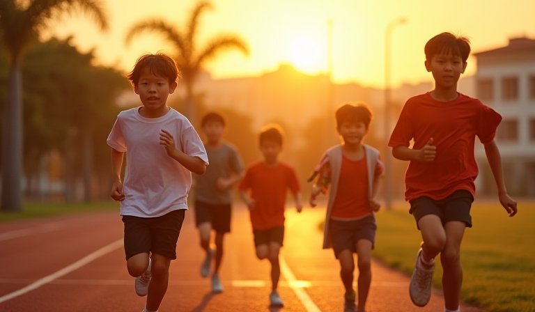 國小男學生在跑道上奮力奔跑，陽光映照著努力的汗水。