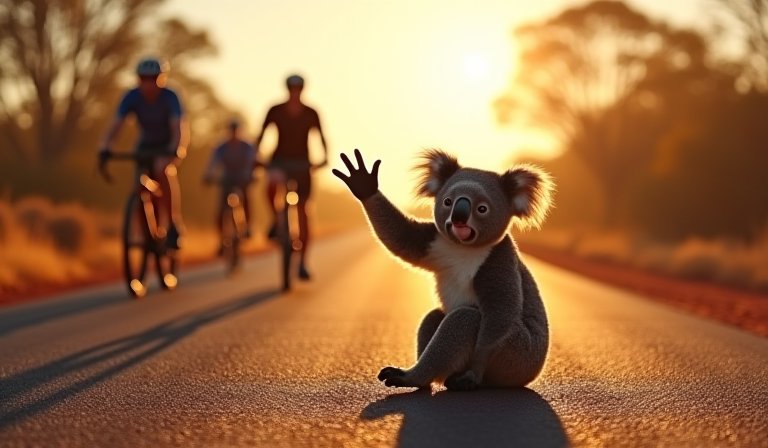 澳洲炎熱公路上，無尾熊爬上自行車大口飲用騎士的水。