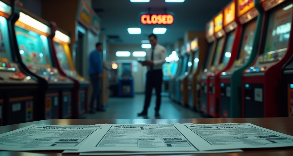 電子遊戲場內整齊排列的機台與暫停營業之相關告示。