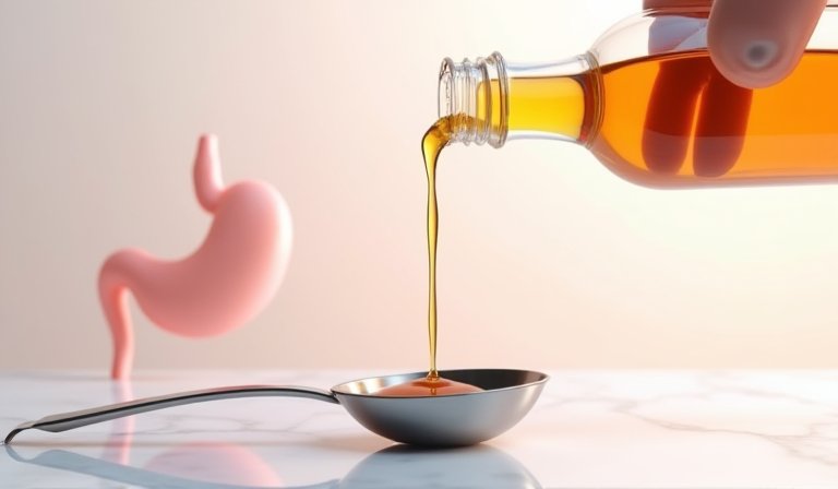 木桌上的玻璃瓶裝蘋果醋與兩湯匙份量的金黃液體。