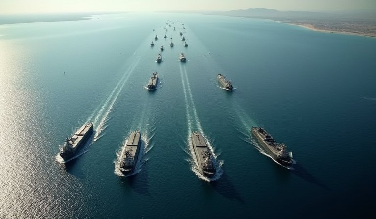 多艘油輪航經荷姆茲海峽，遠方有軍艦巡邏監控。