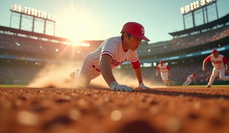 大谷翔平穿著道奇隊球衣專注揮棒，達成連續上壘紀錄。